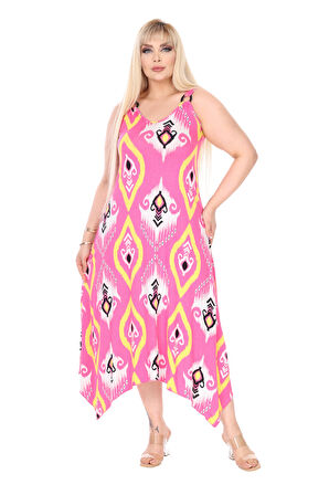 Melsay Butik Askılı V Yaka Toka Detaylı Pembe Motif Desen Elbise