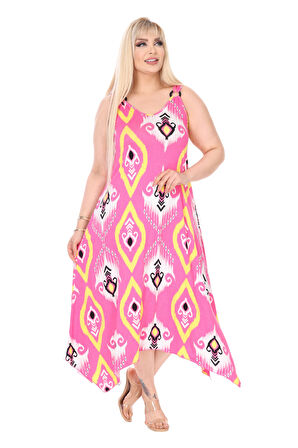 Melsay Butik Askılı V Yaka Toka Detaylı Pembe Motif Desen Elbise