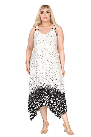 Melsay Butik Askılı V Yaka Beyaz Puanlı Eteği Leopar Desen Elbise