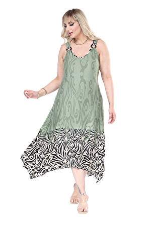 Melsay Butik Askılı V Yaka Haki Eteği Çizgili Desen Elbise