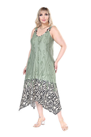 Melsay Butik Askılı V Yaka Haki Eteği Çizgili Desen Elbise