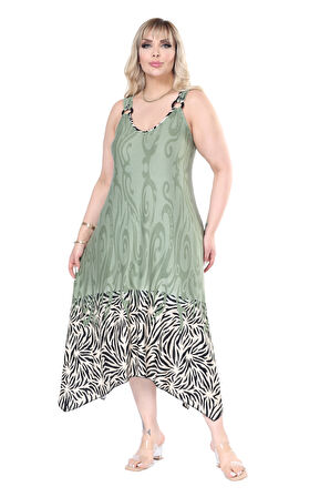 Melsay Butik Askılı V Yaka Haki Eteği Çizgili Desen Elbise