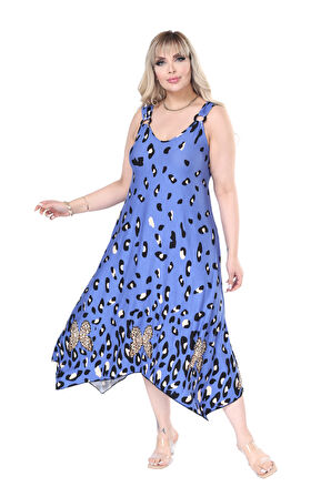 Melsay Butik Askılı V Yaka Mavi Sulu Leopar Desen Elbise