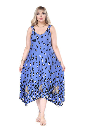 Melsay Butik Askılı V Yaka Mavi Sulu Leopar Desen Elbise