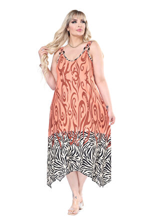 Melsay Butik Askılı V Yaka Turuncu Eteği Çizgili Desen Elbise