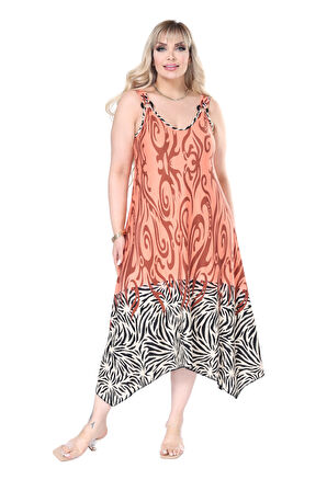 Melsay Butik Askılı V Yaka Turuncu Eteği Çizgili Desen Elbise