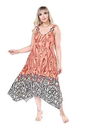 Melsay Butik Askılı V Yaka Turuncu Eteği Çizgili Desen Elbise