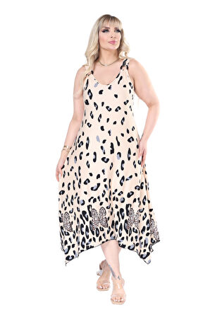 Melsay Butik Askılı V Yaka Bej Sulu Leopar Desen Elbise