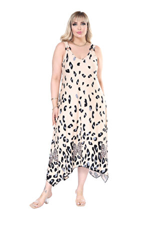 Melsay Butik Askılı V Yaka Bej Sulu Leopar Desen Elbise