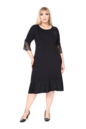 Melsay Butik Siyah Flare Kol Eteği Dantel Detaylı Abiye Elbise