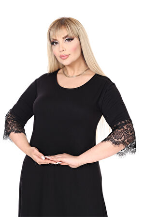 Melsay Butik Siyah Flare Kol Eteği Dantel Detaylı Abiye Elbise