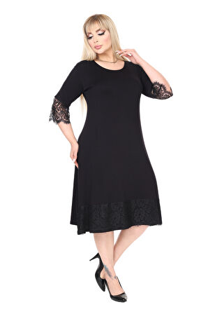 Melsay Butik Siyah Flare Kol Eteği Dantel Detaylı Abiye Elbise