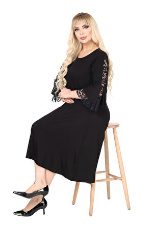 Melsay Butik Siyah Bisiklet Yaka Truvakar Kol Dantel Detaylı Abiye Elbise