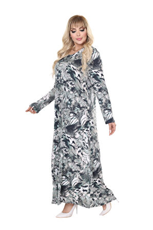 Melsay Butik Gri Yeşil Timsah Desen Uzun Kollu Kadın Tesettür Elbise