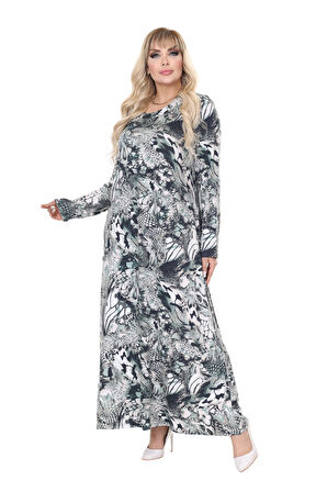 Melsay Butik Gri Yeşil Timsah Desen Uzun Kollu Kadın Tesettür Elbise