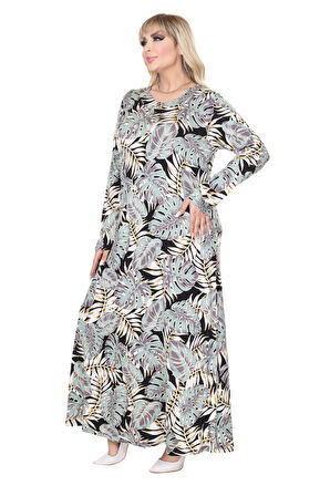 Melsay Butik Yeşil Beyaz Tropik Desen Uzun Kollu Kadın Tesettür Elbise
