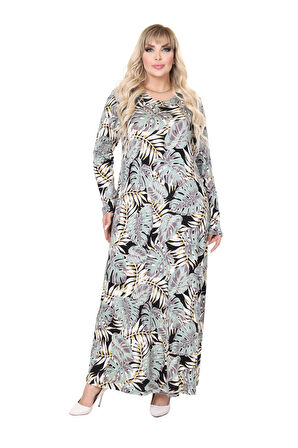 Melsay Butik Yeşil Beyaz Tropik Desen Uzun Kollu Kadın Tesettür Elbise