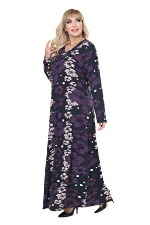 Melsay Butik Mor Gelincik Desen Uzun Kollu Kadın Tesettür Elbise
