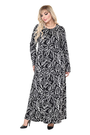 Melsay Butik Siyah Yaprak Desen Uzun Kollu Kadın Tesettür Elbise