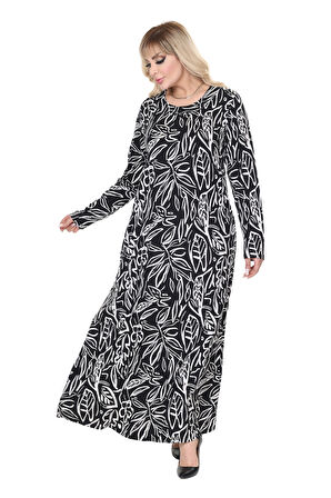 Melsay Butik Siyah Yaprak Desen Uzun Kollu Kadın Tesettür Elbise