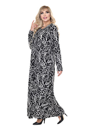 Melsay Butik Siyah Yaprak Desen Uzun Kollu Kadın Tesettür Elbise