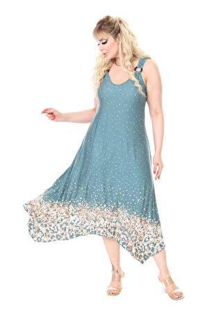 Melsay Butik Askılı V Yaka Yeşil Puanlı Eteği Leopar Desen Elbise