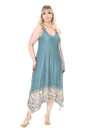 Melsay Butik Askılı V Yaka Yeşil Puanlı Eteği Leopar Desen Elbise