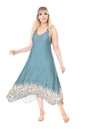 Melsay Butik Askılı V Yaka Yeşil Puanlı Eteği Leopar Desen Elbise