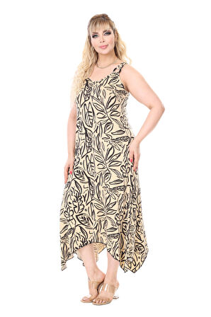 Melsay Butik Askılı V Yaka Bej Yaprak Desen Elbise