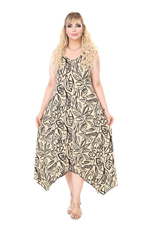 Melsay Butik Askılı V Yaka Bej Yaprak Desen Elbise