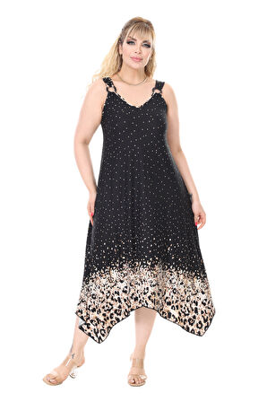 Melsay Butik Askılı V Yaka Siyah Puanlı Eteği Leopar Desen Elbise