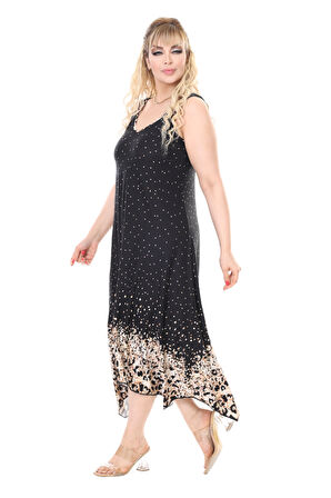 Melsay Butik Askılı V Yaka Siyah Puanlı Eteği Leopar Desen Elbise