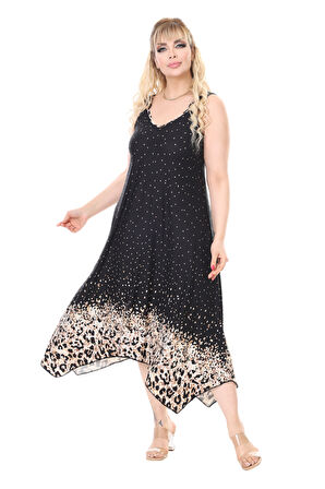Melsay Butik Askılı V Yaka Siyah Puanlı Eteği Leopar Desen Elbise