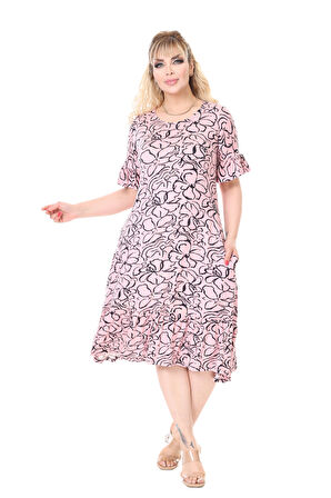 Melsay Butik Kadın Büyük Beden İnci Pembesi Çiçek Desen Cepli Elbise