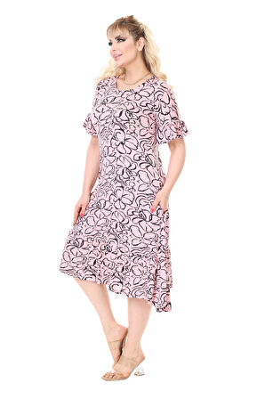 Melsay Butik Kadın Büyük Beden İnci Pembesi Çiçek Desen Cepli Elbise
