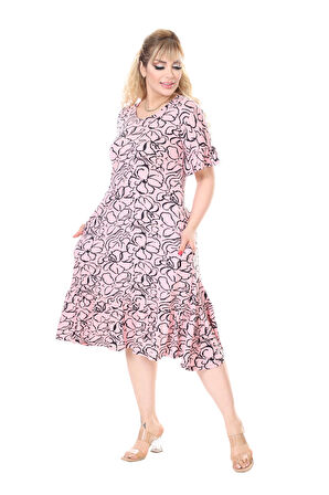Melsay Butik Kadın Büyük Beden İnci Pembesi Çiçek Desen Cepli Elbise