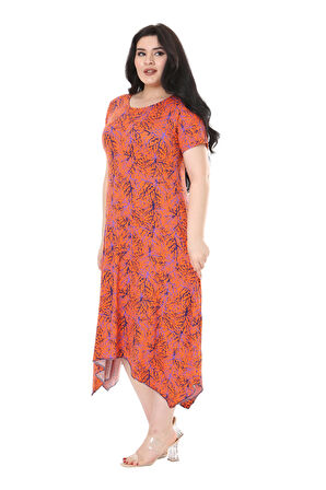 Melsay Butik Turuncu İnce Mercan Desen Asimetrik Kısa Kollu Elbise