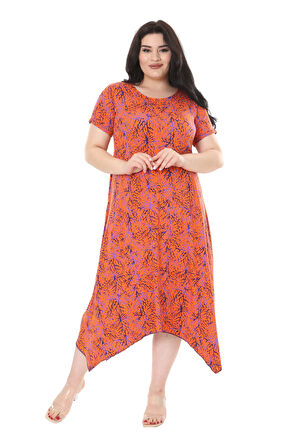 Melsay Butik Turuncu İnce Mercan Desen Asimetrik Kısa Kollu Elbise