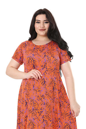 Melsay Butik Turuncu İnce Mercan Desen Asimetrik Kısa Kollu Elbise
