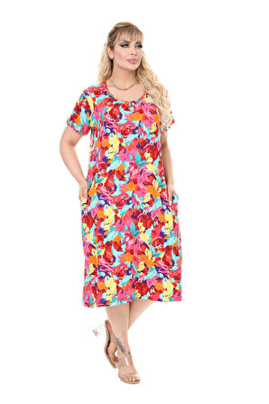 Melsay Butik Sarı Gül Desen Kuplu Cepli Kısa Kol Kadın Midi Elbise