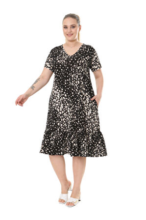 Melsay Butik Siyah Göğüsten Robalı V Yaka Kısa Kollu Çakıltaşı Desen Cepli Elbise