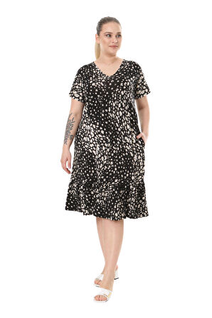 Melsay Butik Siyah Göğüsten Robalı V Yaka Kısa Kollu Çakıltaşı Desen Cepli Elbise