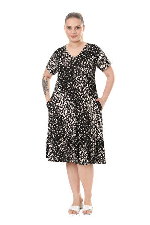 Melsay Butik Siyah Göğüsten Robalı V Yaka Kısa Kollu Çakıltaşı Desen Cepli Elbise