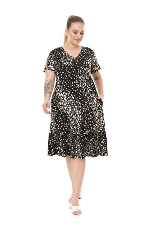 Melsay Butik Siyah Göğüsten Robalı V Yaka Kısa Kollu Çakıltaşı Desen Cepli Elbise