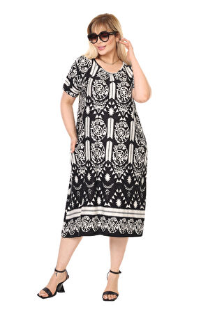 Melsay Butik Beyaz Retro Desen Kuplu Cepli Kısa Kol Kadın Midi Elbise