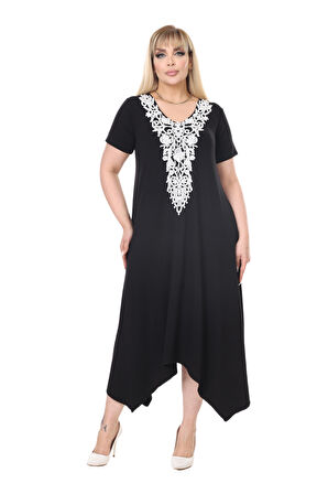 Melsay Butik Siyah Dantel Yaka Detaylı Asimetrik Kısa Kollu Elbise
