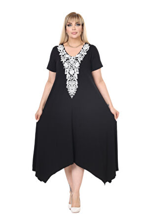 Melsay Butik Siyah Dantel Yaka Detaylı Asimetrik Kısa Kollu Elbise