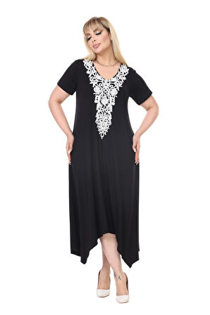 Melsay Butik Siyah Dantel Yaka Detaylı Asimetrik Kısa Kollu Elbise