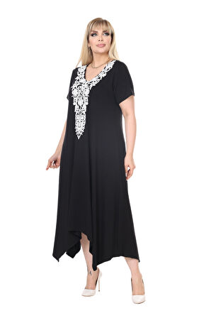 Melsay Butik Siyah Dantel Yaka Detaylı Asimetrik Kısa Kollu Elbise