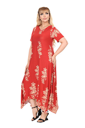 Melsay Butik Narçiçeği Pano Desen Asimetrik Kısa Kollu Elbise